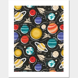 Paper space adventure II // pattern // black background multicoloured solar system paper cut planets origami paper spaceships and rockets Posters and Art